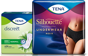 En bild på TENA Discreet Normal och TENA Silhouette i färgen svart